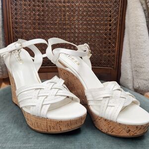 Guess White Woven Wedge Sandals